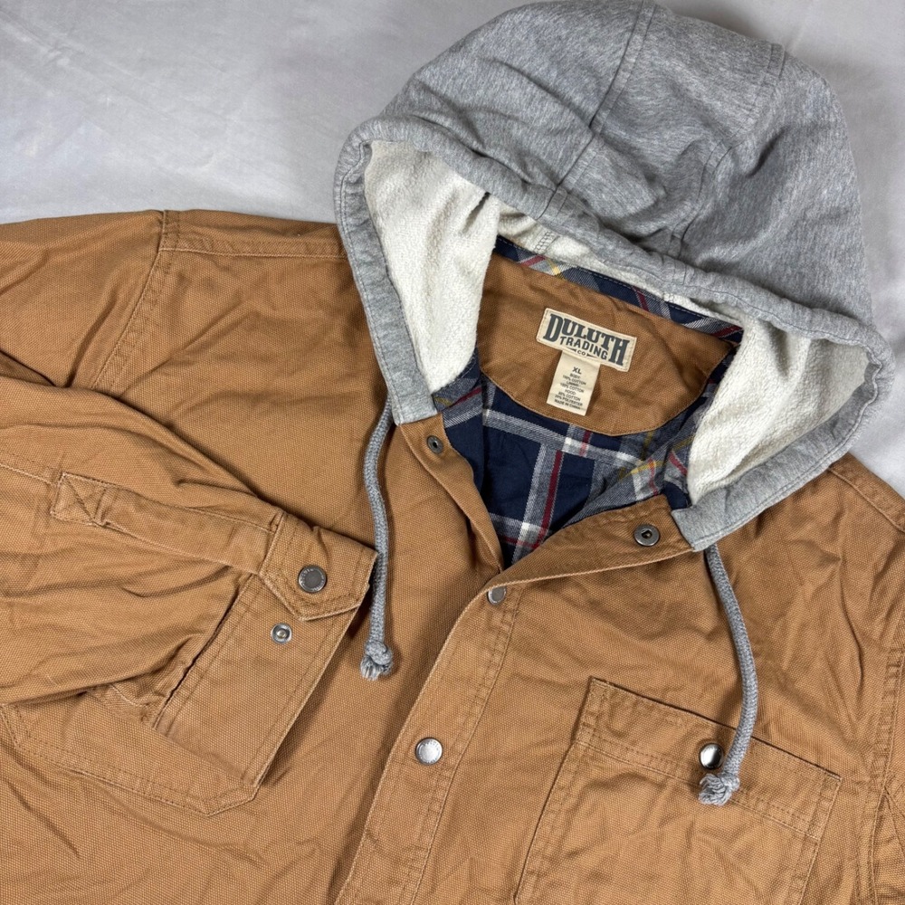 Duluth Trading Hooded Canvas Shirt Jacket XL Brown Flannel Lined Workwear Coat